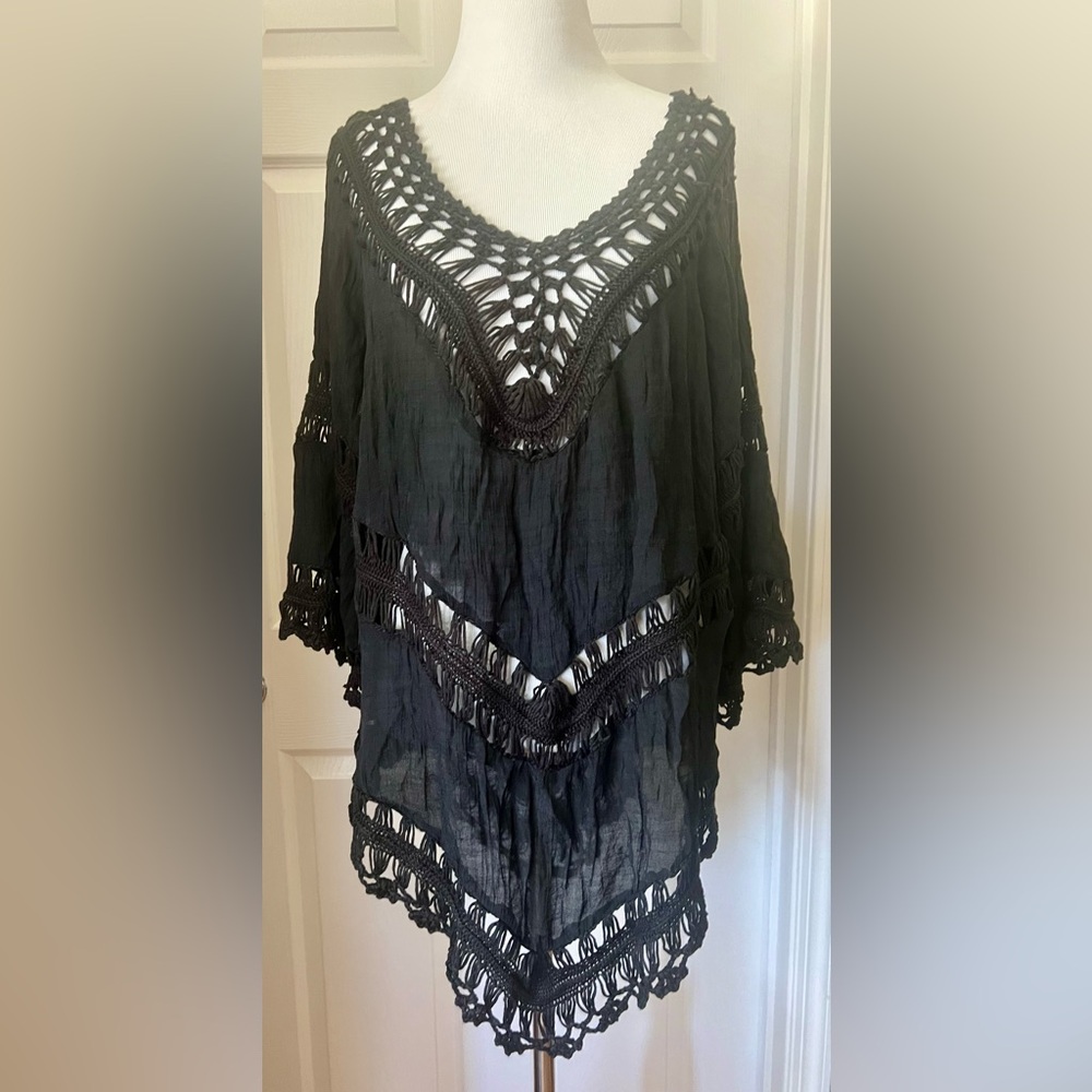 Elegant Black Crochet Swim Cover-Up / lightweight tunic top